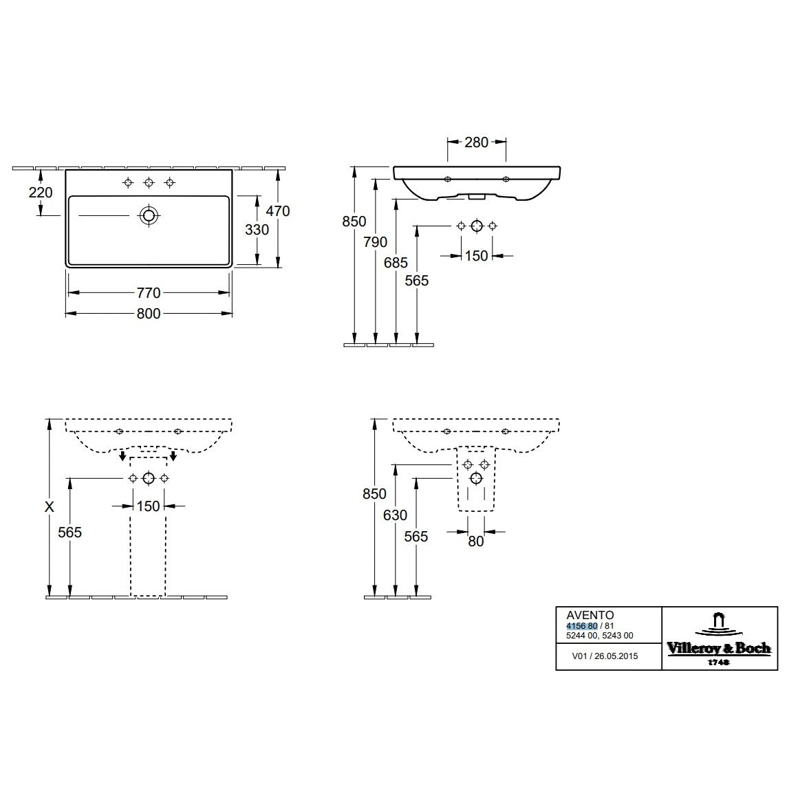 Villeroy & Boch Avento Vanity Washbasin - 800 x 470 x 165 mm