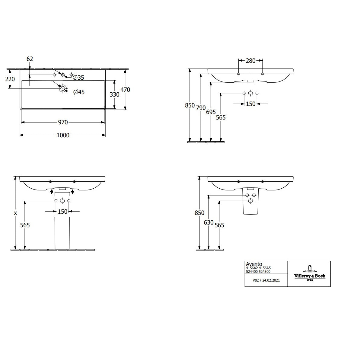 Villeroy & Boch Avento Vanity Washbasin - 1000 x 470 x 180 mm