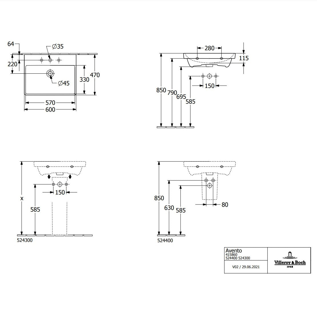 Villeroy & Boch Avento Vanity Unit, 2 Drawers - 580 x 514 x 452 mm