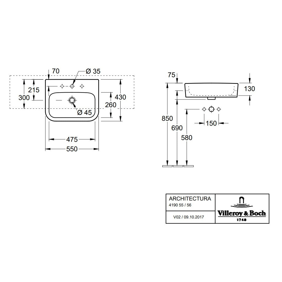 Villeroy & Boch Architectura Semi-Recessed Washbasin with Overflow - White Alpin