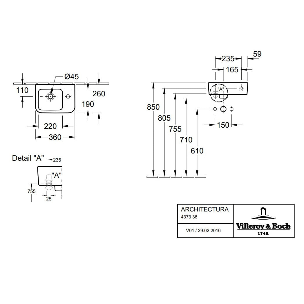 Villeroy & Boch Architectura Handwash Basin with Overflow - 2 Sizes Available