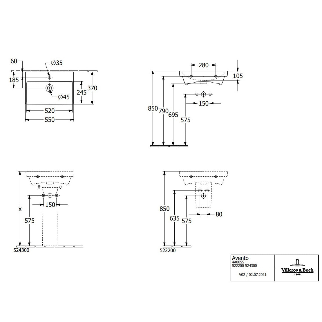 Villeroy & Boch Avento Washbasin Compact - 550 x 370 x 180 mm