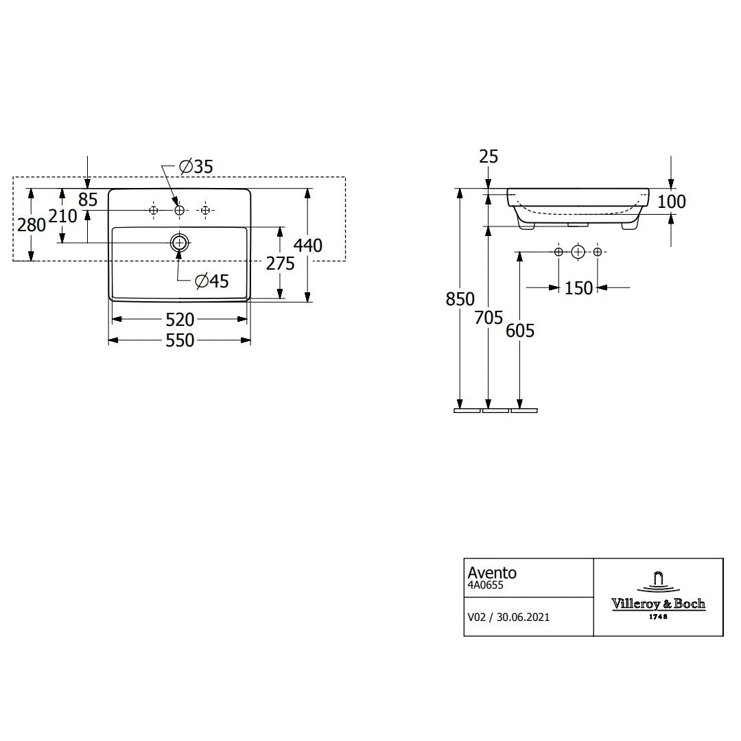 Villeroy & Boch Avento Washbasin Semi-Recessed - 550 x 440 x 145 mm