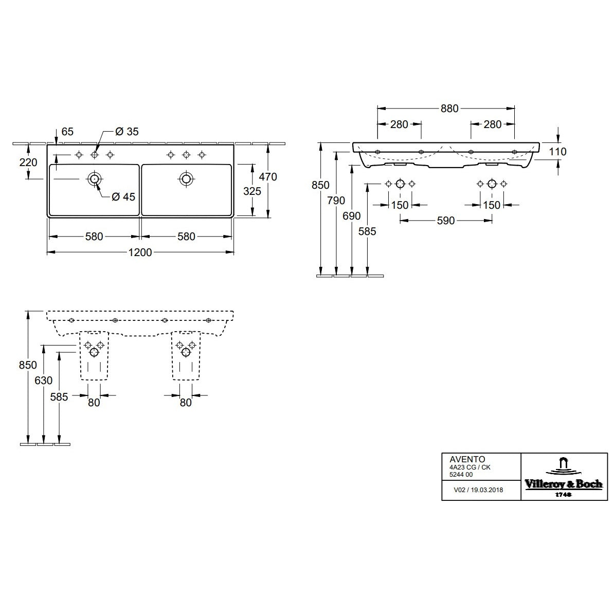 Villeroy & Boch Avento Vanity Unit, 4 Drawers - 1180 x 514 x 452 mm