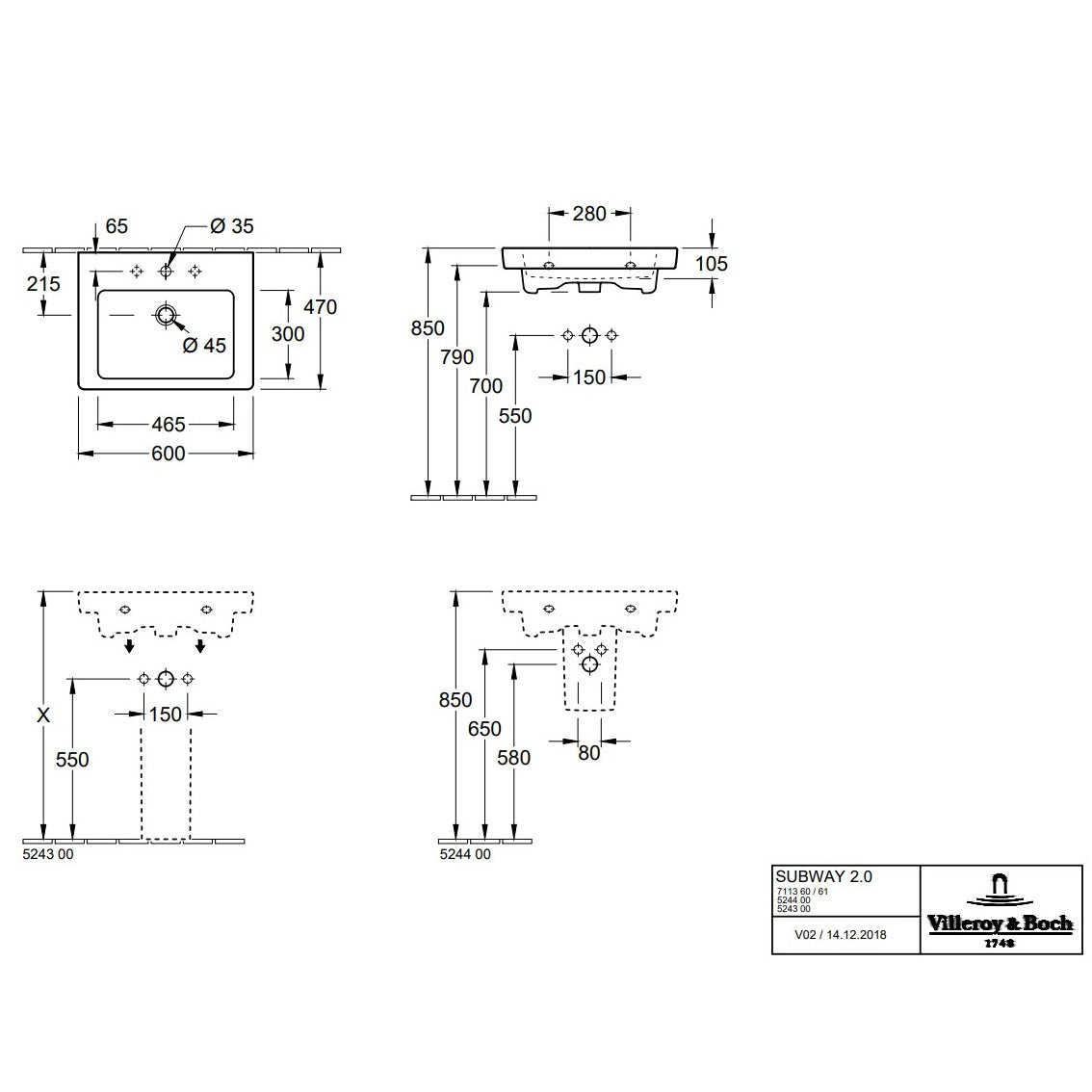 Villeroy & Boch Subway 2.0 Washbasin - 600 x 470 x 150 mm