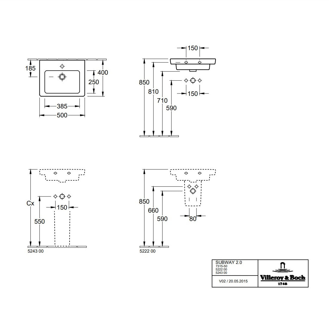 Villeroy & Boch Subway 2.0 Handwash Basin - 500 x 400 x 150 mm
