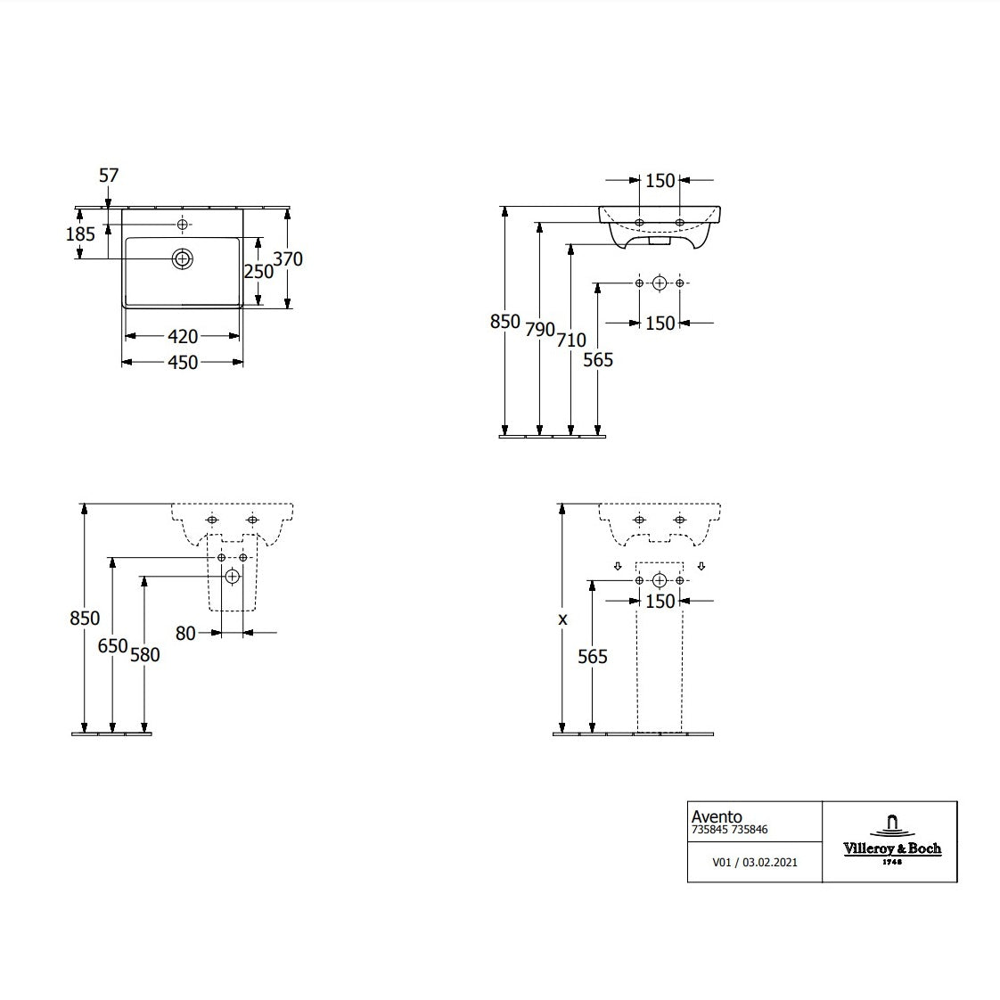 Villeroy & Boch Avento Handwash Basin - 450 x 370 x 180 mm