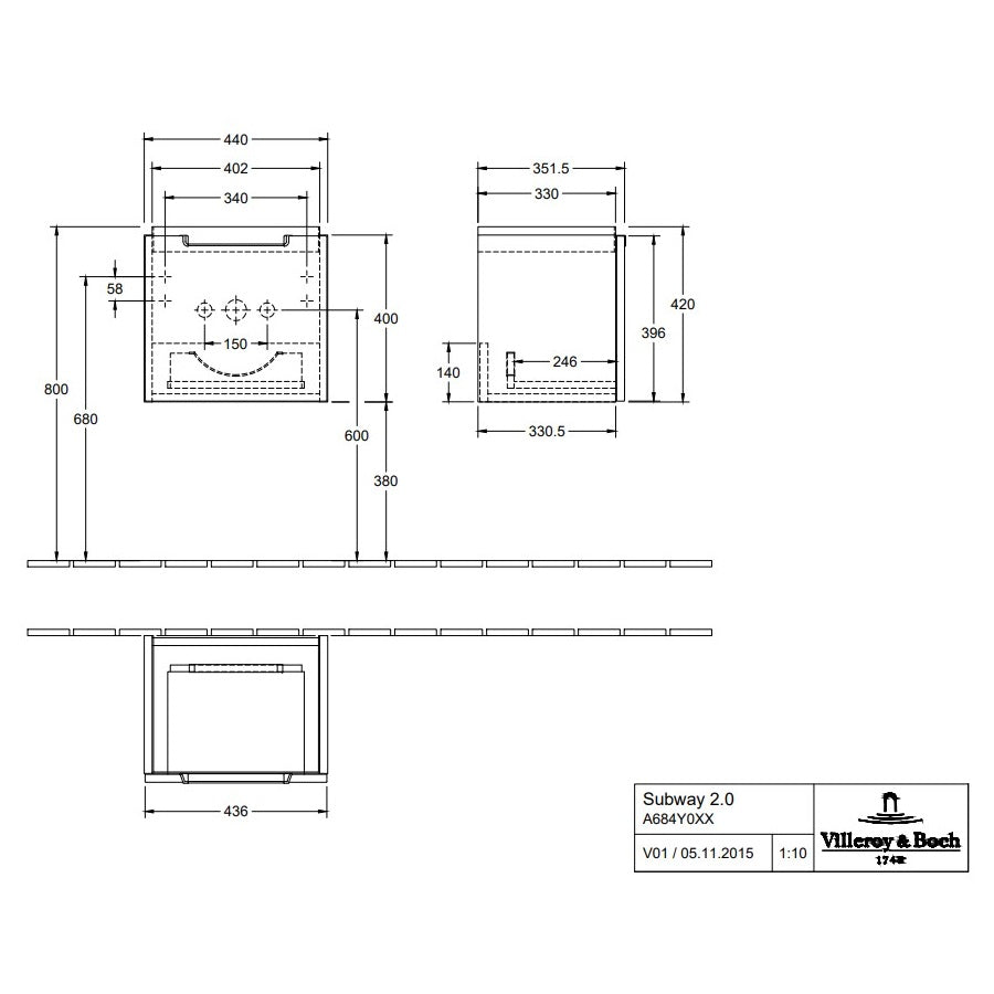 Villeroy & Boch Subway 2.0 Vanity Unit, 1 Drawer - 440 x 420 x 352 mm