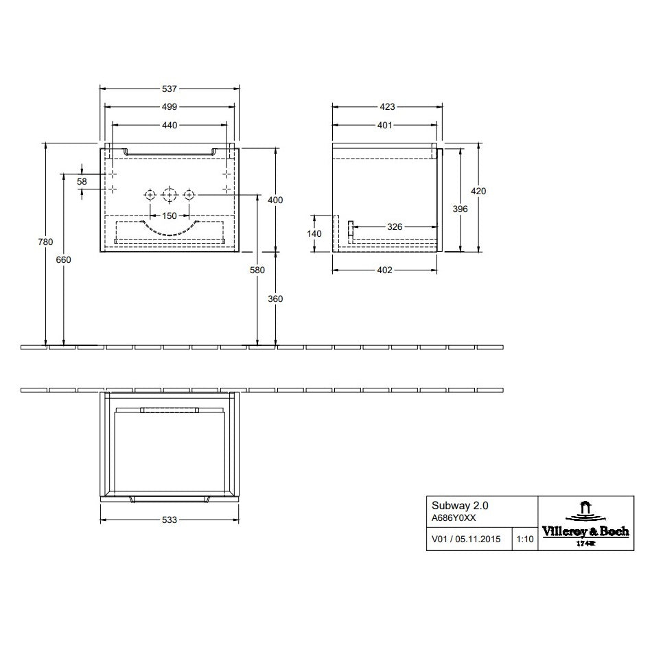 Villeroy & Boch Subway 2.0 Vanity Unit, 1 Drawer - 537 x 420 x 423 mm