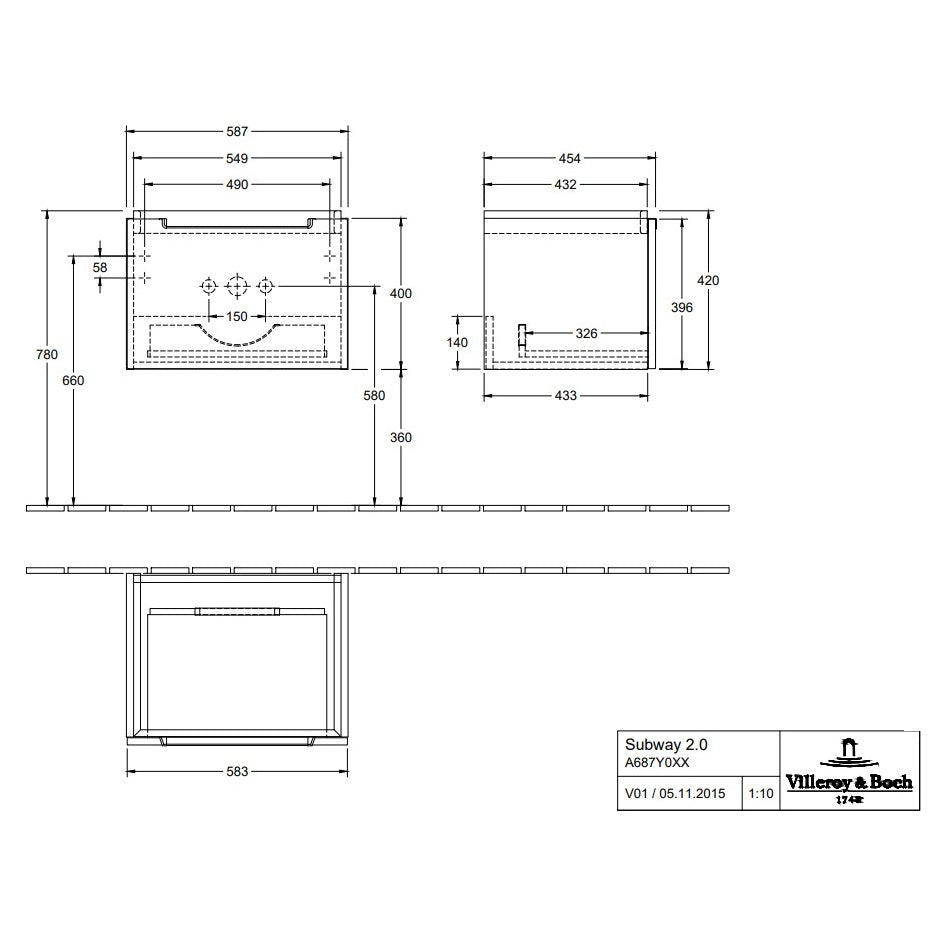 Villeroy & Boch Subway 2.0 Vanity Unit, 1 Drawer - 587 x 420 x 454 mm