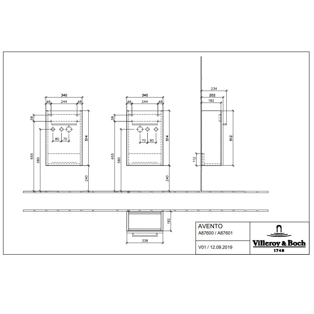 Villeroy & Boch Avento Vanity Unit, 1 Door Left Hand - 340 x 514 x 202 mm