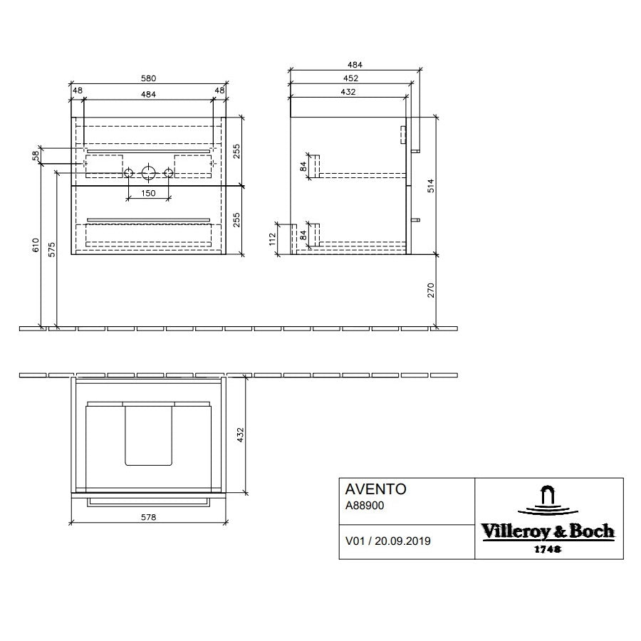 Villeroy & Boch Avento Vanity Unit, 2 Drawers - 580 x 514 x 452 mm