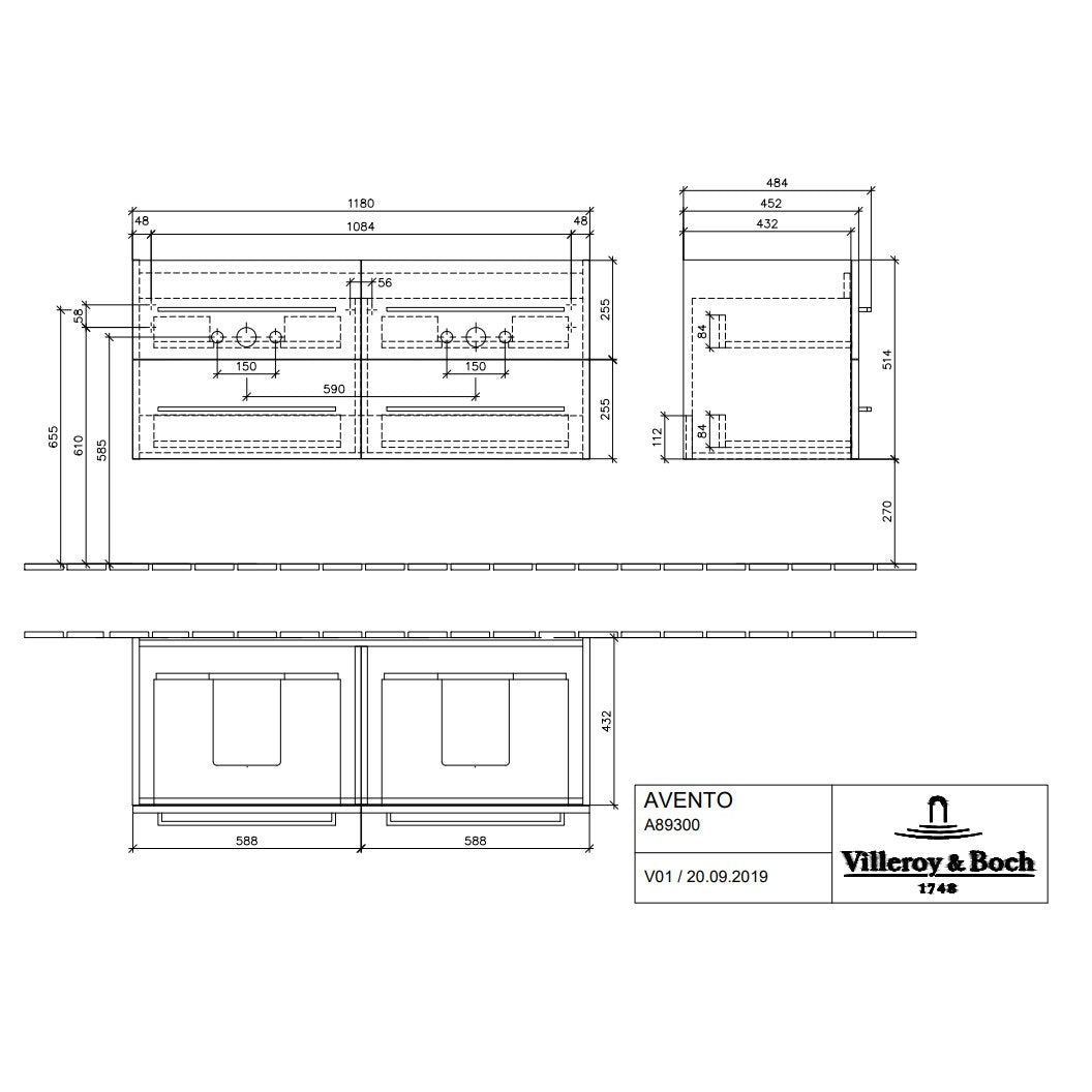Villeroy & Boch Avento Vanity Unit, 4 Drawers - 1180 x 514 x 452 mm