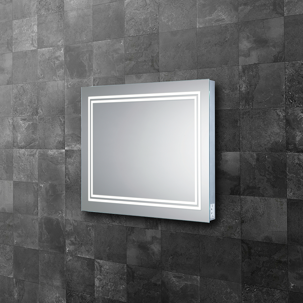 HIB Boundary LED Illuminated Bathroom Mirror - With Built in Charging Sockets and Heated Pad