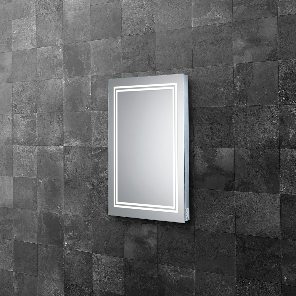 HIB Boundary LED Illuminated Bathroom Mirror - With Built in Charging Sockets and Heated Pad