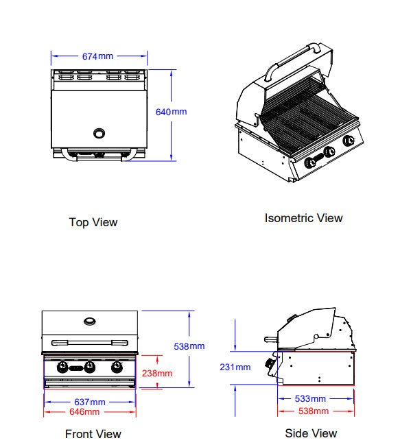 Bull BBQ Component Steer Premium Built-in 3 Burner Gas BBQ Grill - Stainless Steel