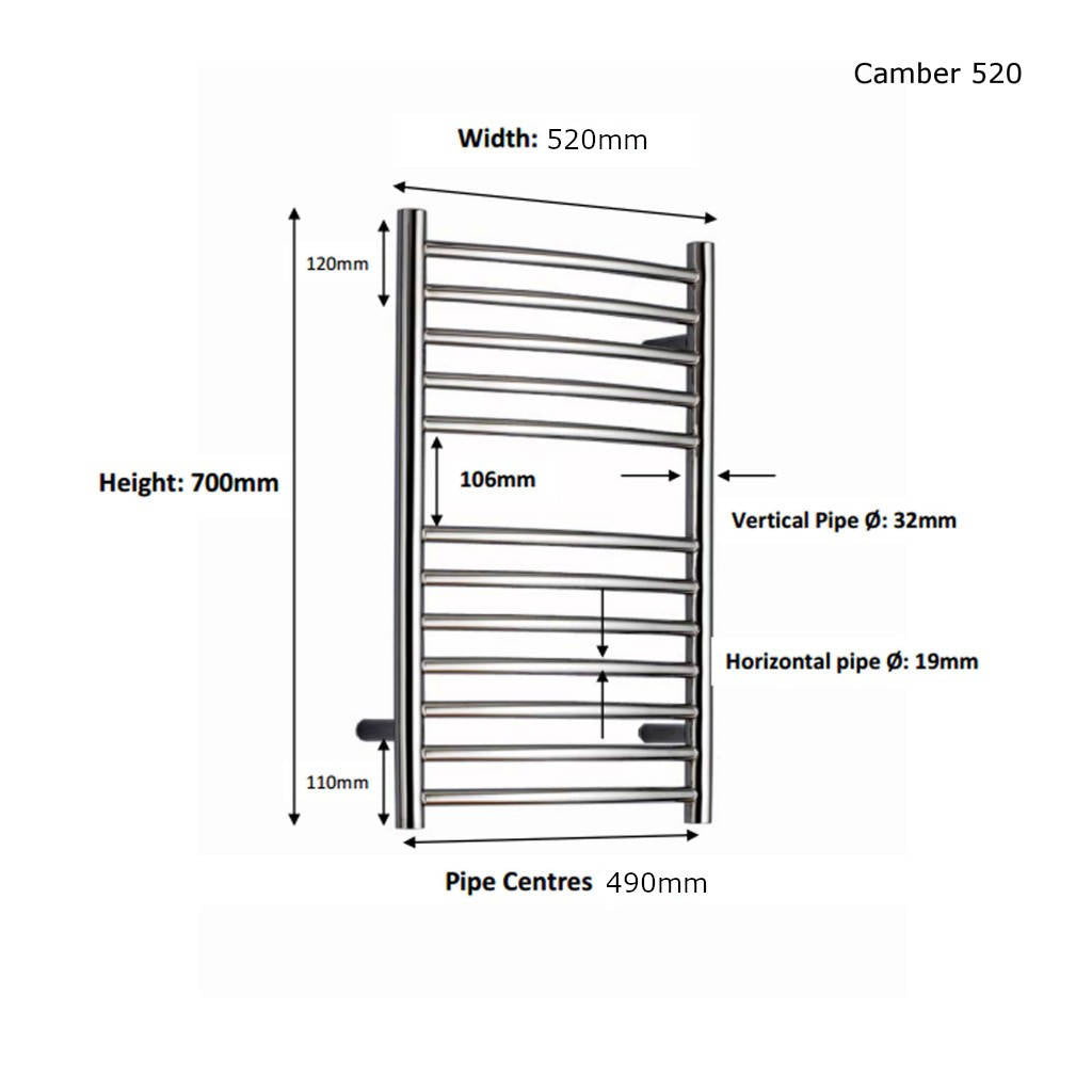 JIS - Camber Heated Towel Rail - Satin stainless steel