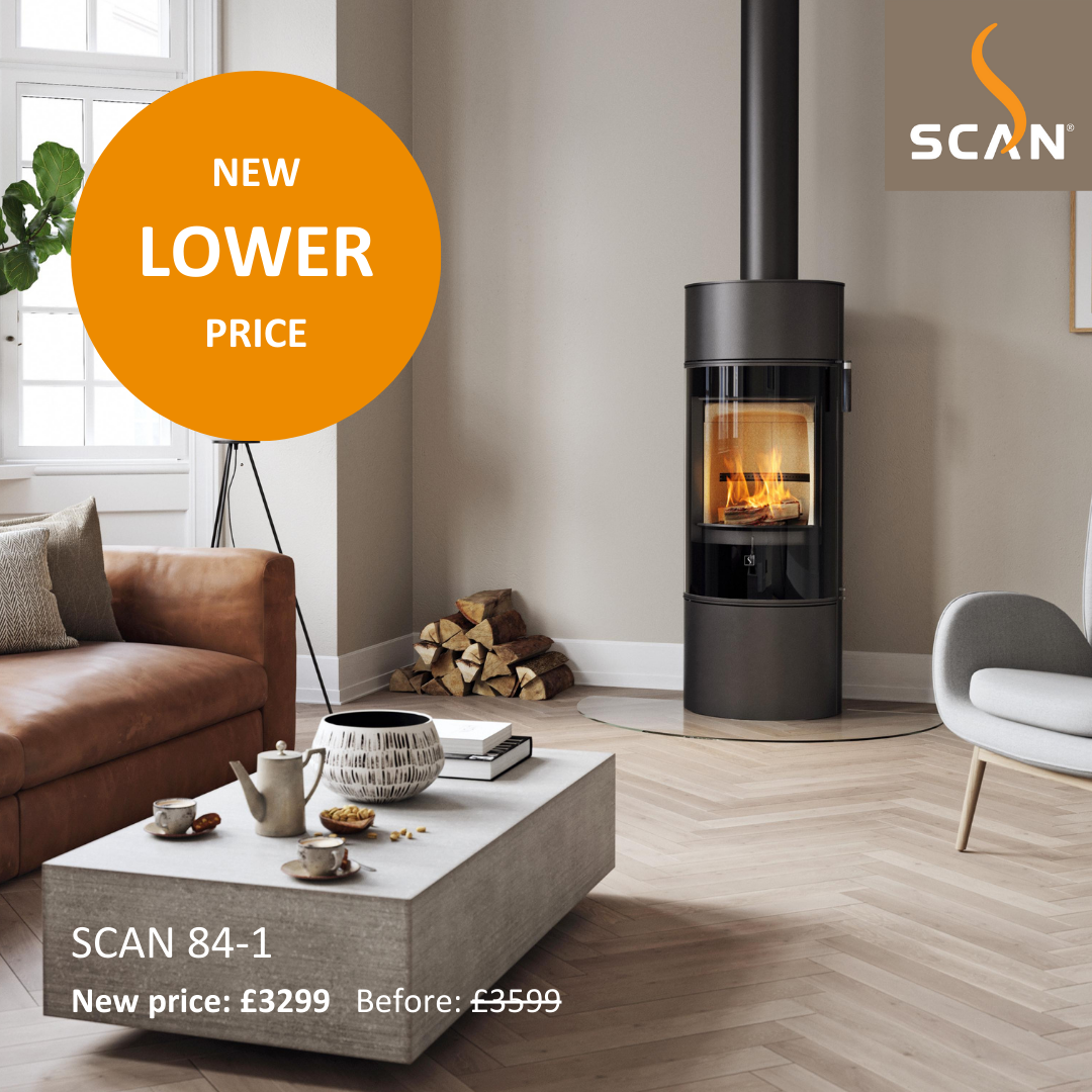 Scan 84-1 Wood Burning Stove - Matt Black, Glass Door, Black Handle