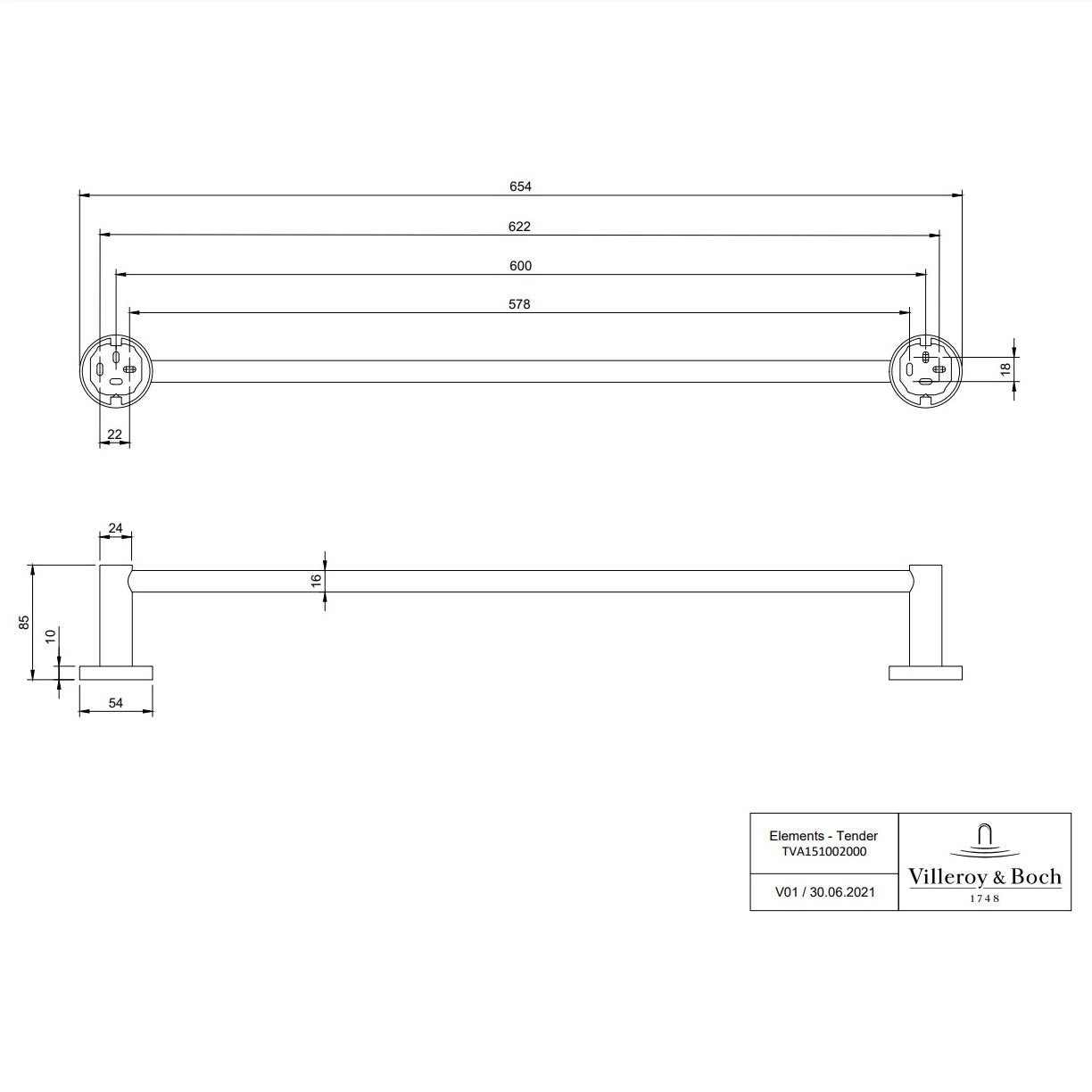 Villeroy & Boch Elements Tender Towel Rail 654 x 85 x 54 mm - Available In Various Colours