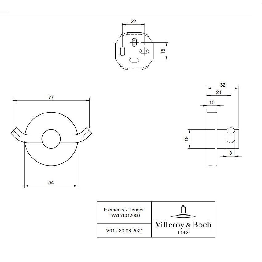 Villeroy & Boch Elements Tender Towel/Robe Hook Double - Available In Various Colours