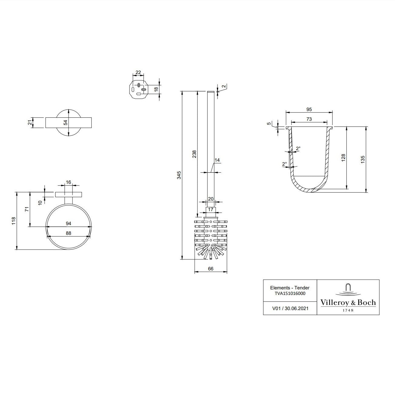 Villeroy & Boch Elements Tender Toilet Brush Set - Wall Mounted - Available In Various Colours