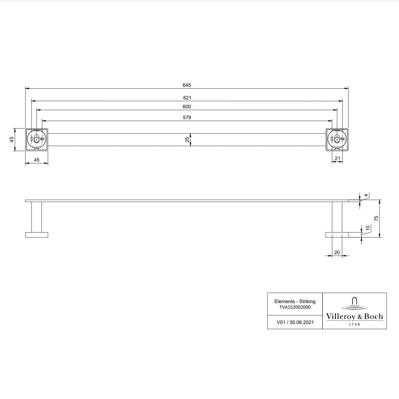 Villeroy & Boch Elements Striking Towel Rail 645mm - Available in Various Colours