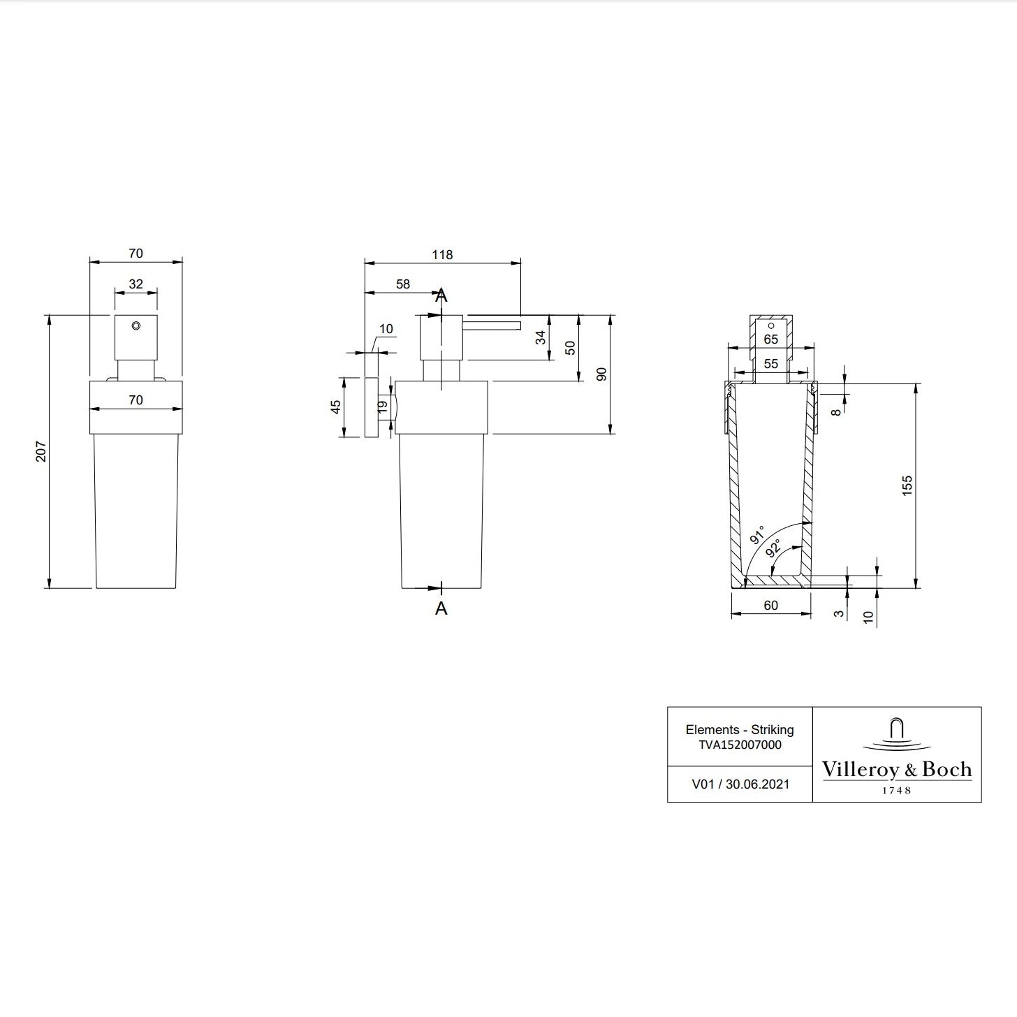 Villeroy & Boch Elements Striking Soap Dispenser Wall Mounted - Available In Various Colours
