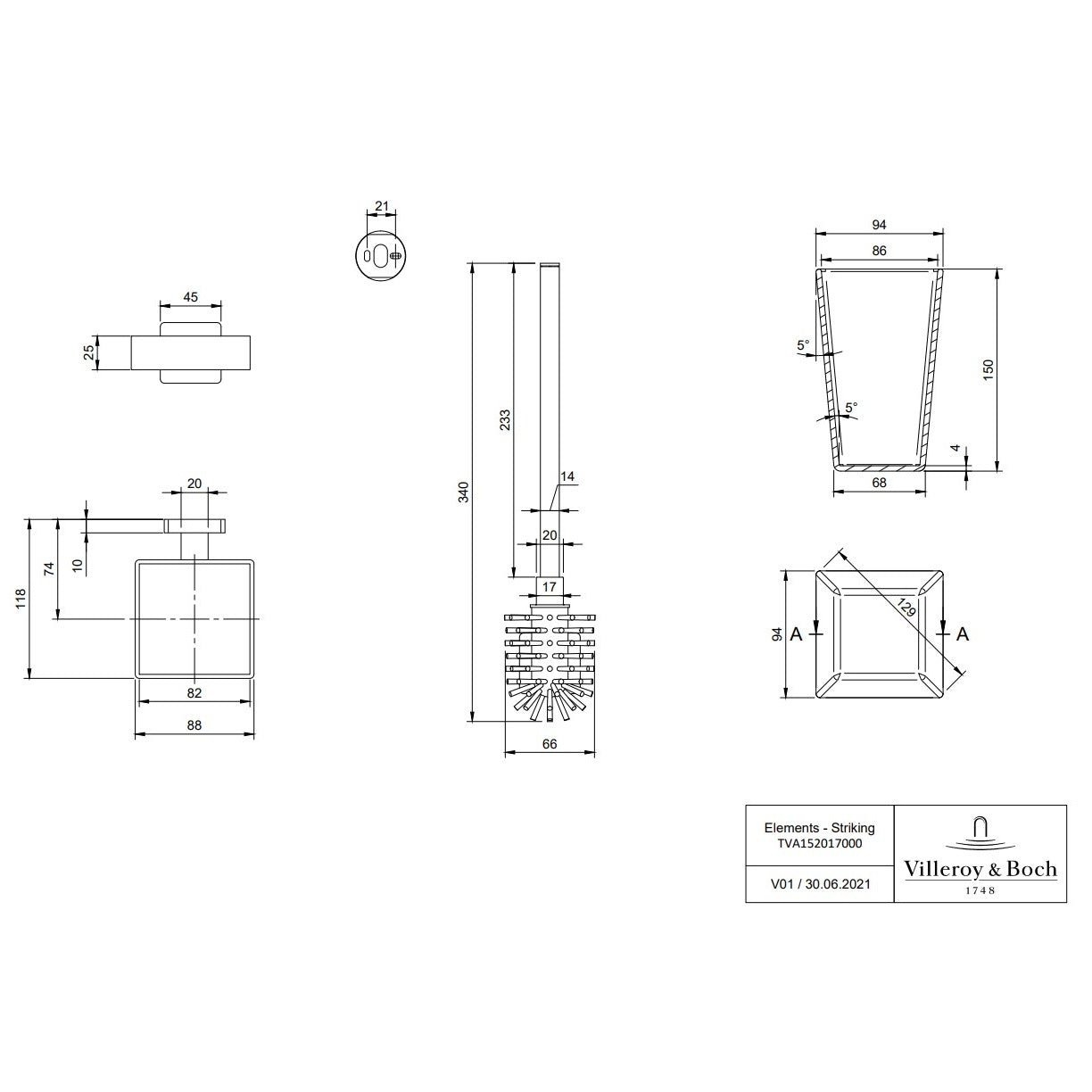 Villeroy & Boch Elements Striking Toilet Brush Set Wall Mounted - Available In Various Colours