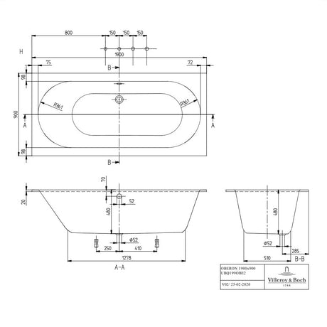 Villeroy & Boch Oberon Rectangular Duo Bath - 1900 x 900 mm
