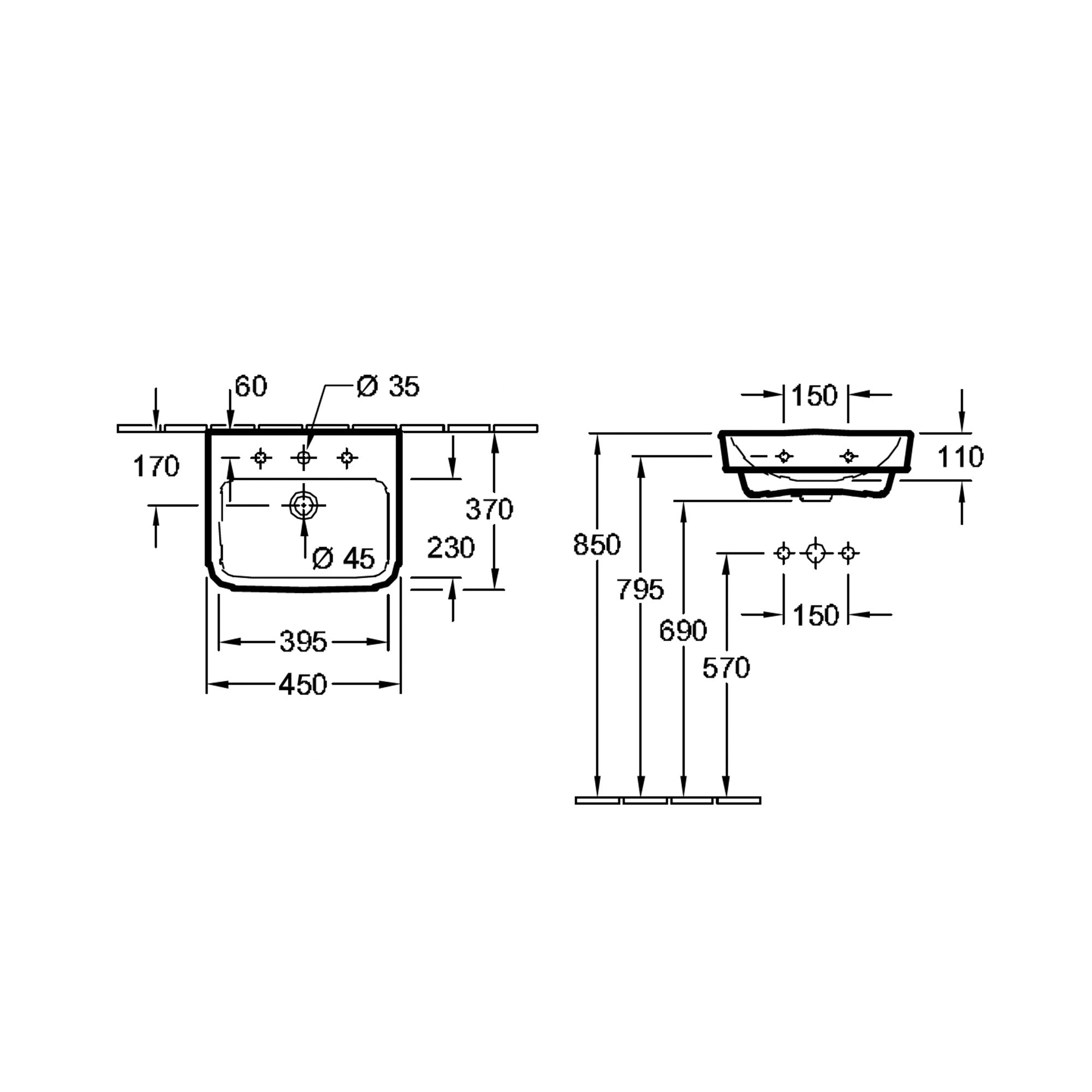 Villeroy & Boch O.novo Handwash Basin with Overflow - 450 x 370 x 160mm