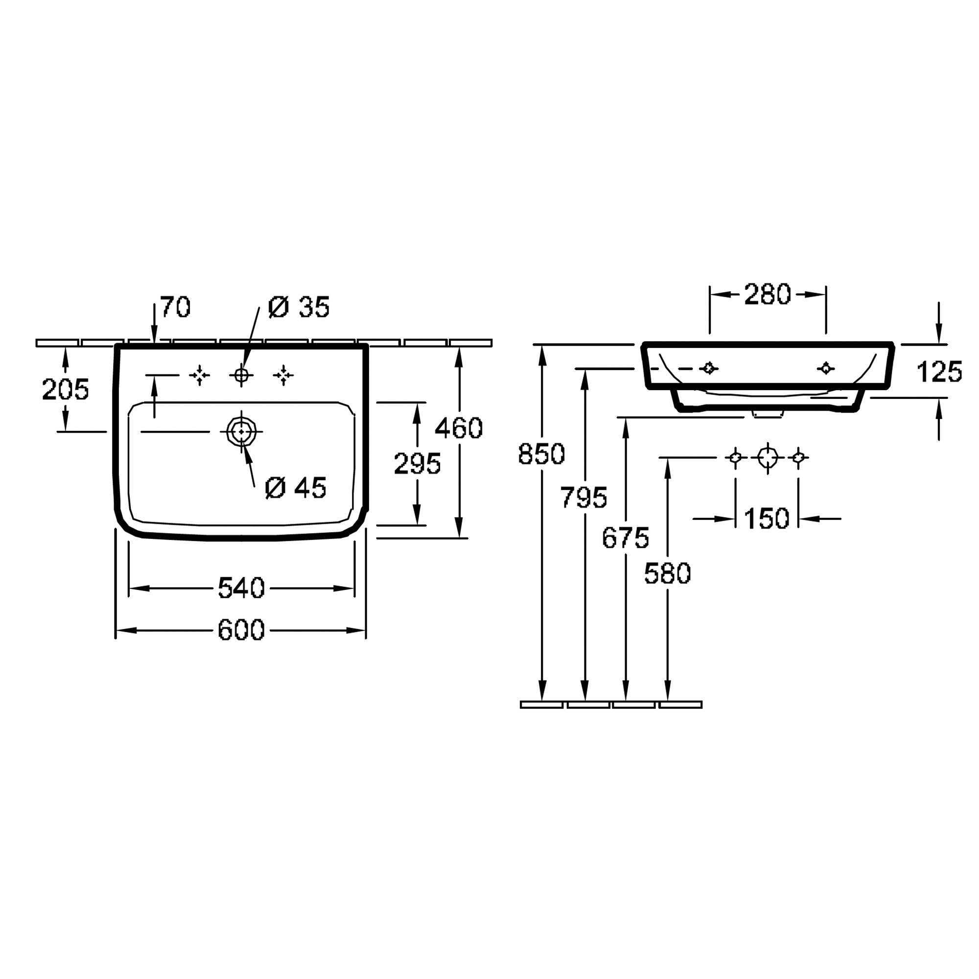 Villeroy & Boch O.novo Handwash Basin with Overflow - 600 x 460 x 175 mm