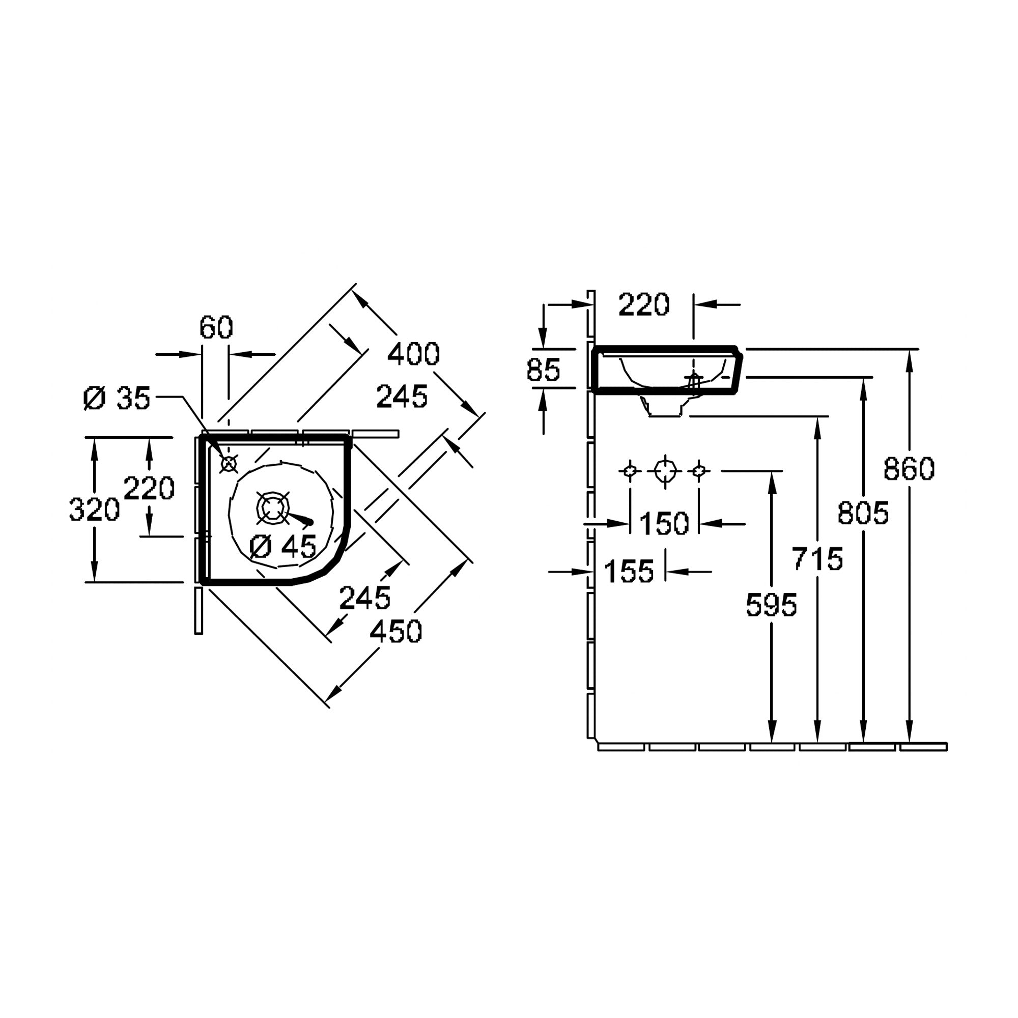 Villeroy & Boch O.novo Corner Handwash Basin - 400 x 320 x 145 mm