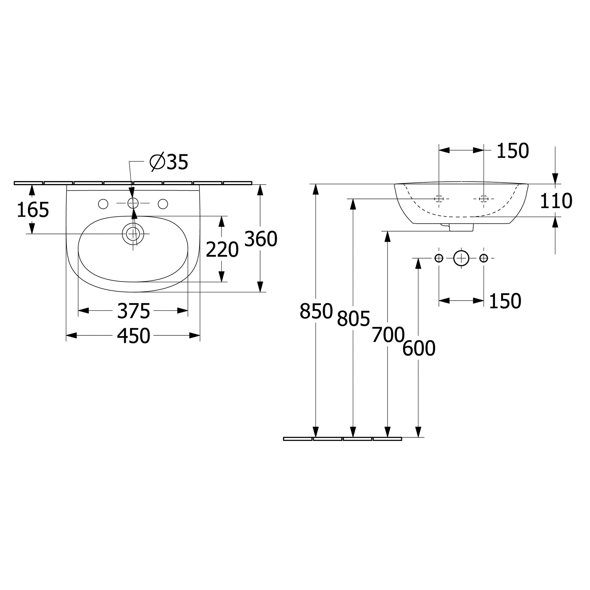 Villeroy & Boch O.novo Handwash Basin with Overflow - 450 x 360 x 160mm