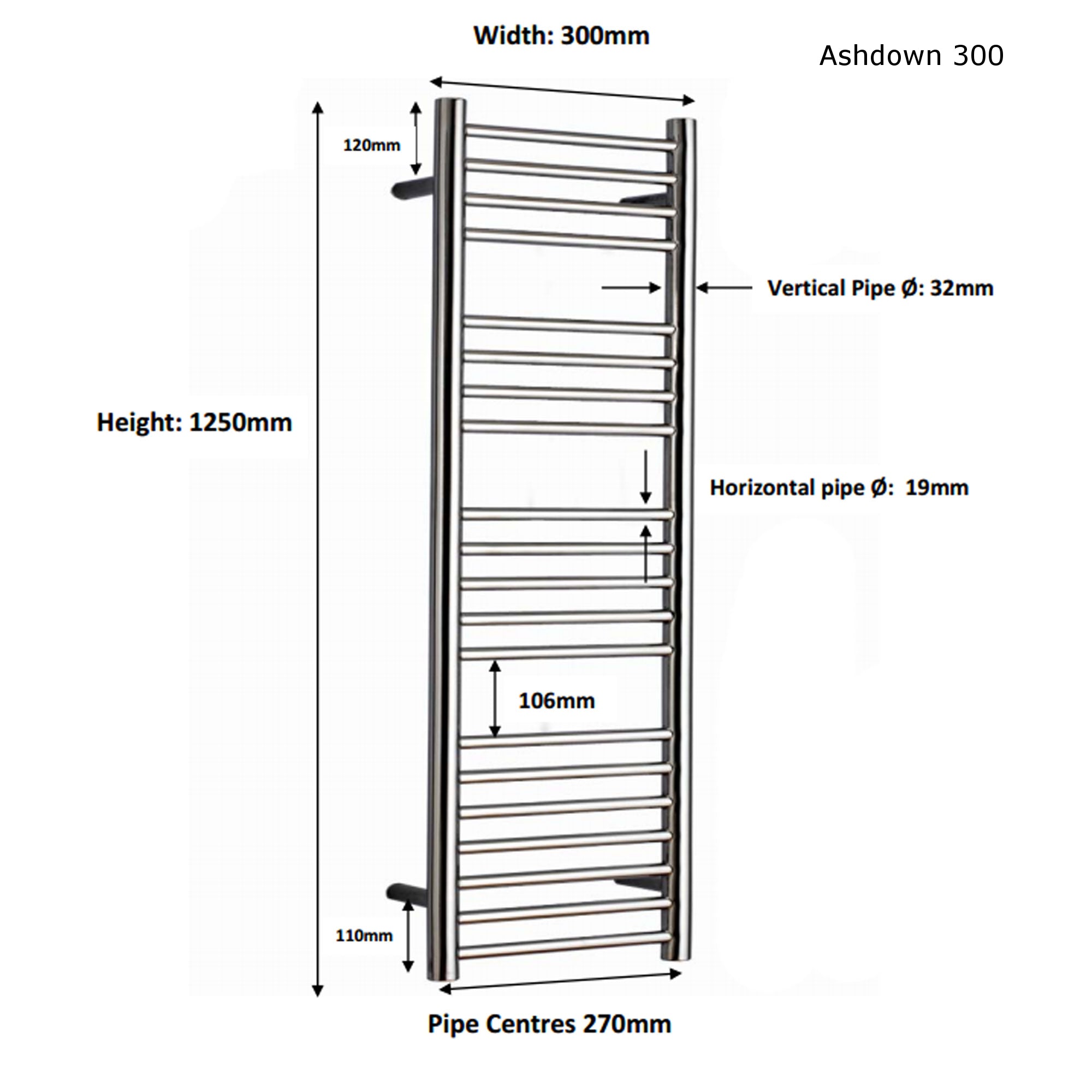 JIS - Ashdown Heated Towel Rail - Satin stainless steel