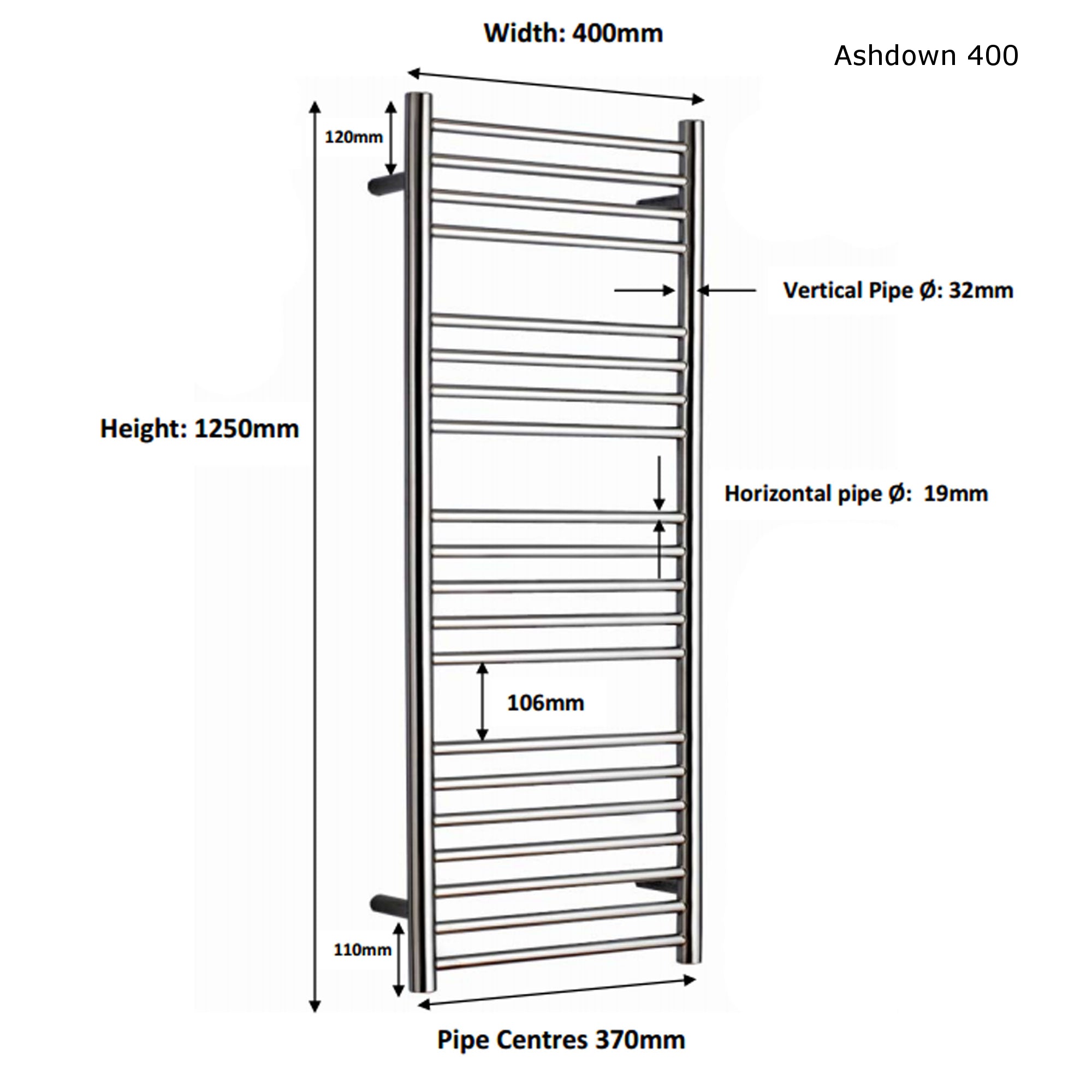 JIS - Ashdown Heated Towel Rail - Satin stainless steel