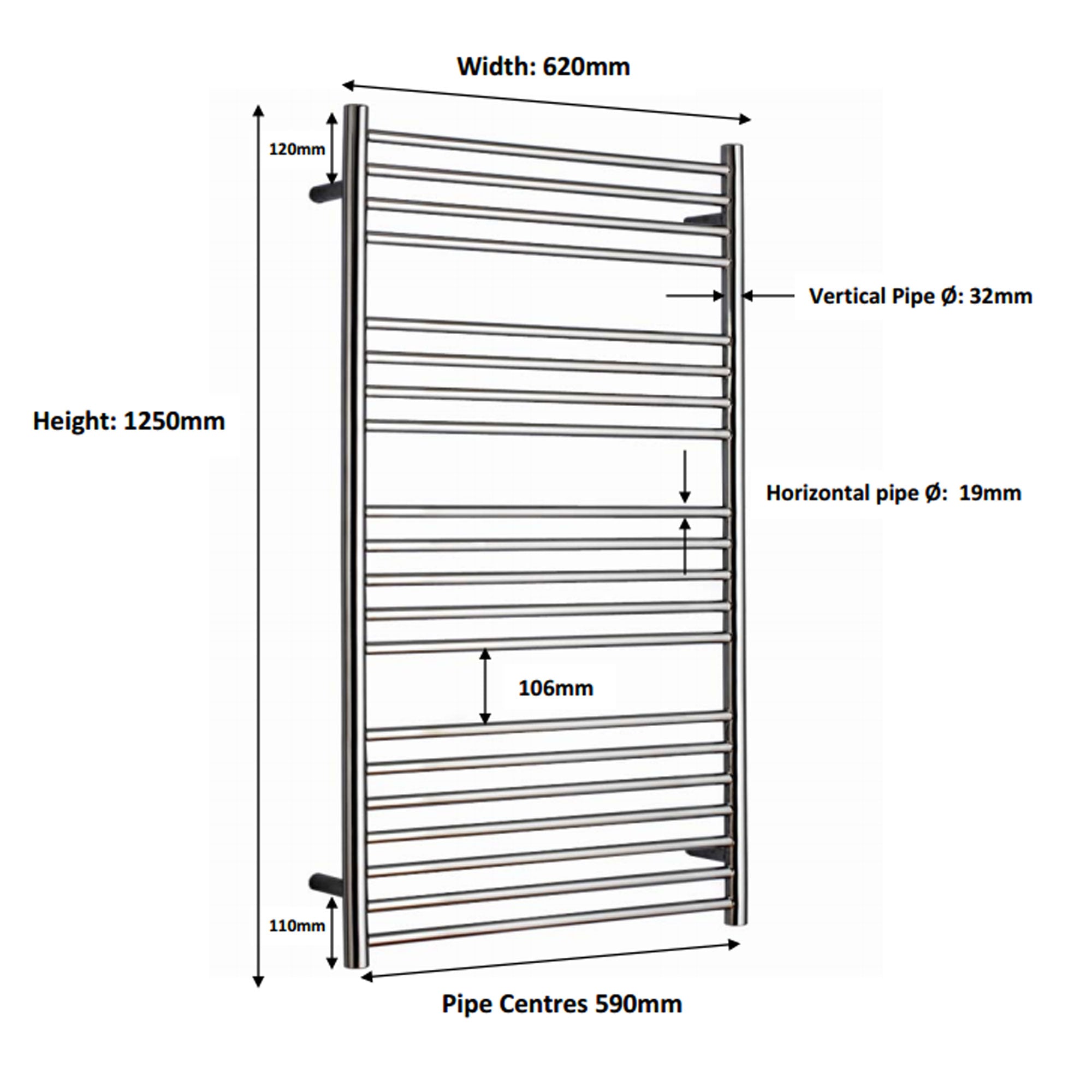 JIS - Ashdown Heated Towel Rail - Satin stainless steel