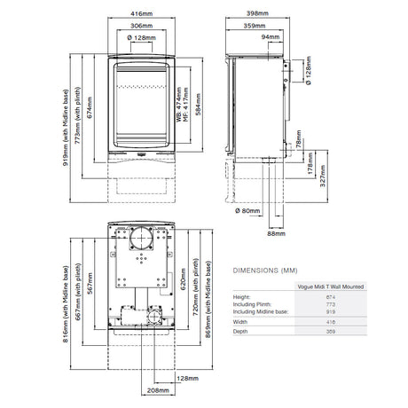 Stovax Vogue Midi T Wood Burning Stove - Wall Hung - EcoDesign Ready