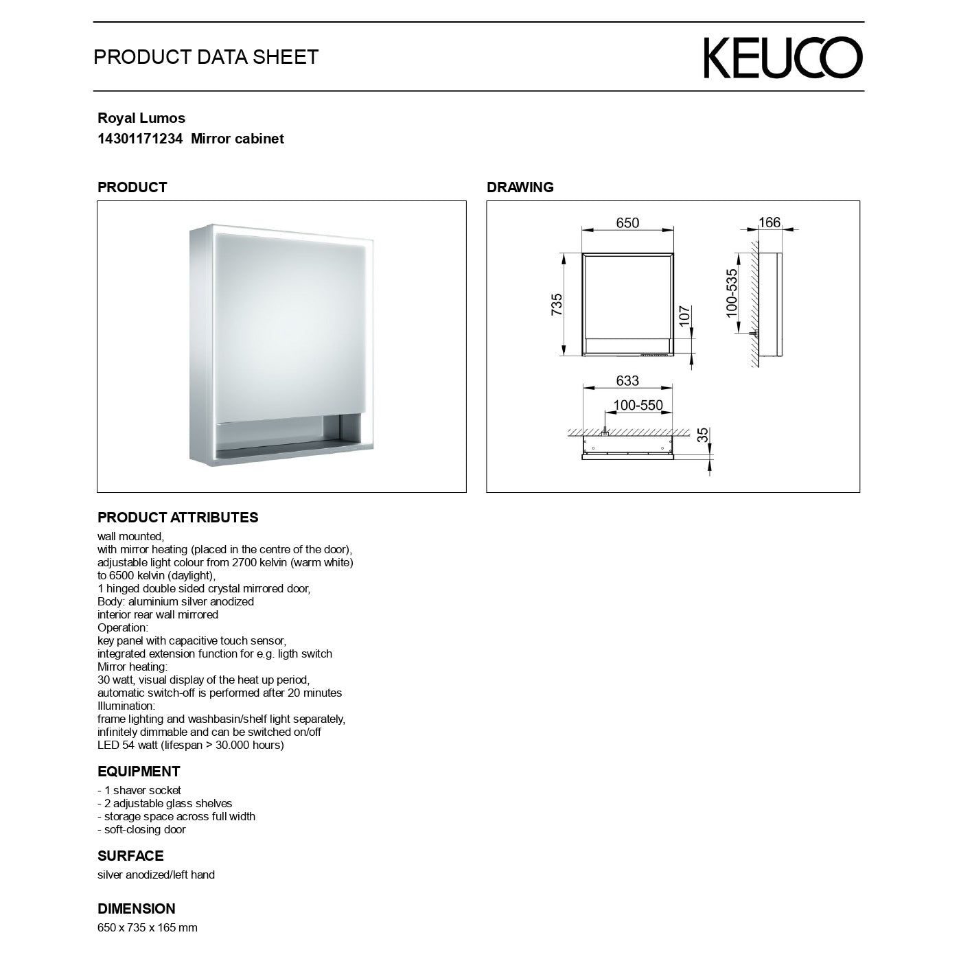 Keuco Royal Lumos Light Mirror Left Hand Door Cabinet with Adjustable Lighting & Mirror Heating - 650 x 735 x 165 mm
