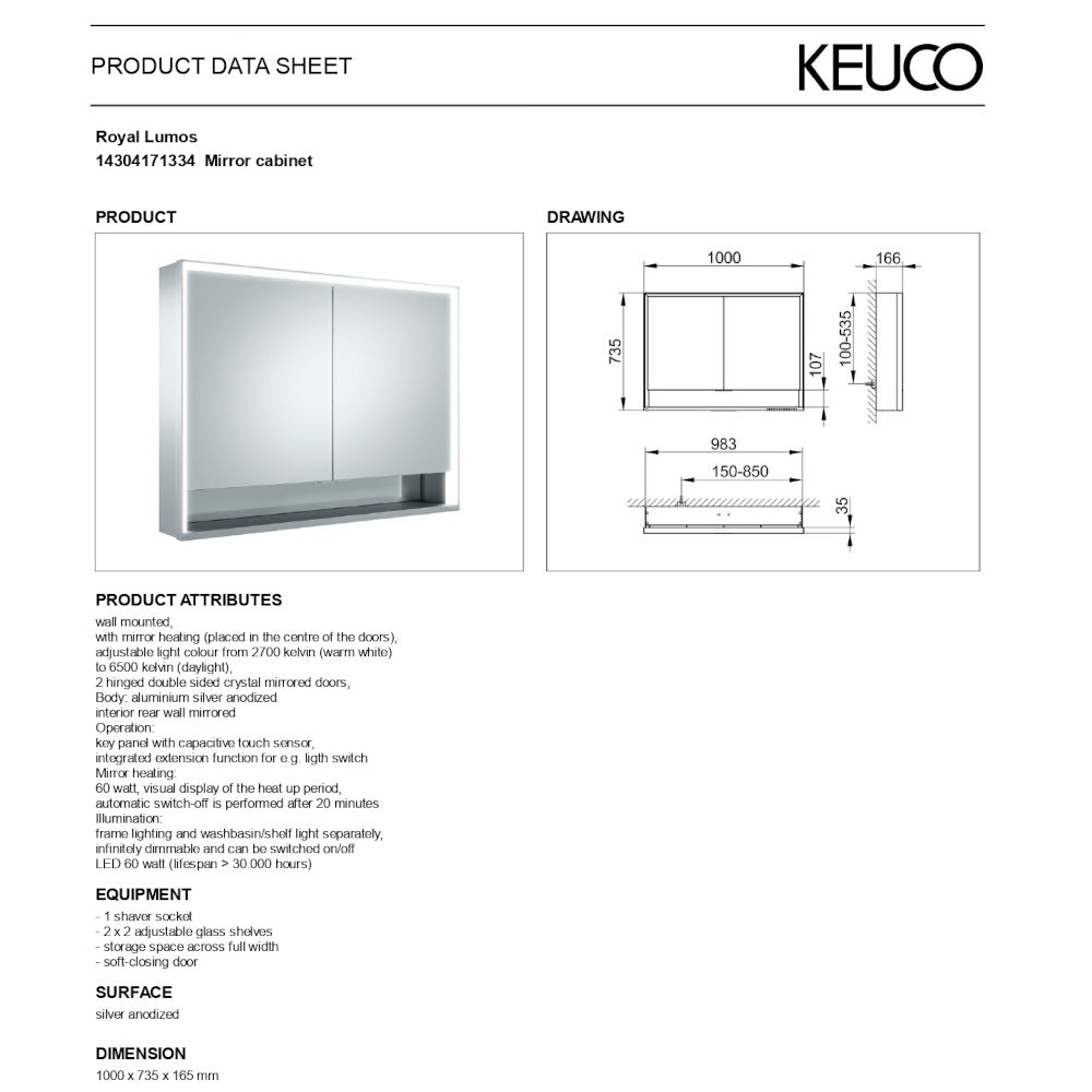 Keuco Royal Lumos Light Mirror Cabinet with Adjustable Lighting & Mirror Heating - 1000 x 735 x 165 mm