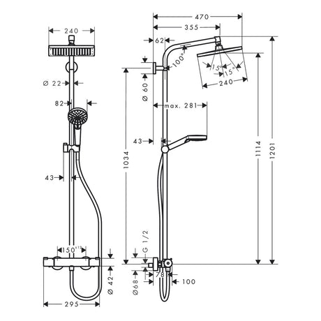 Hansgrohe Crometta E Showerpipe 240 1jet with thermostatic shower mixer - Square