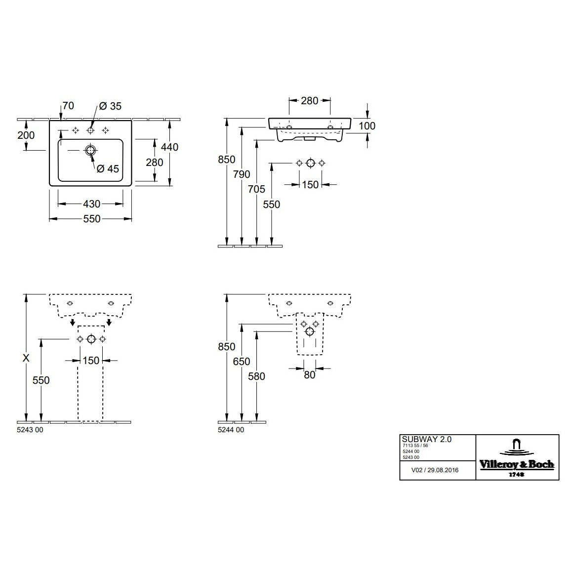 Villeroy & Boch Subway 2.0 Washbasin - 550 x 440 x 150 mm