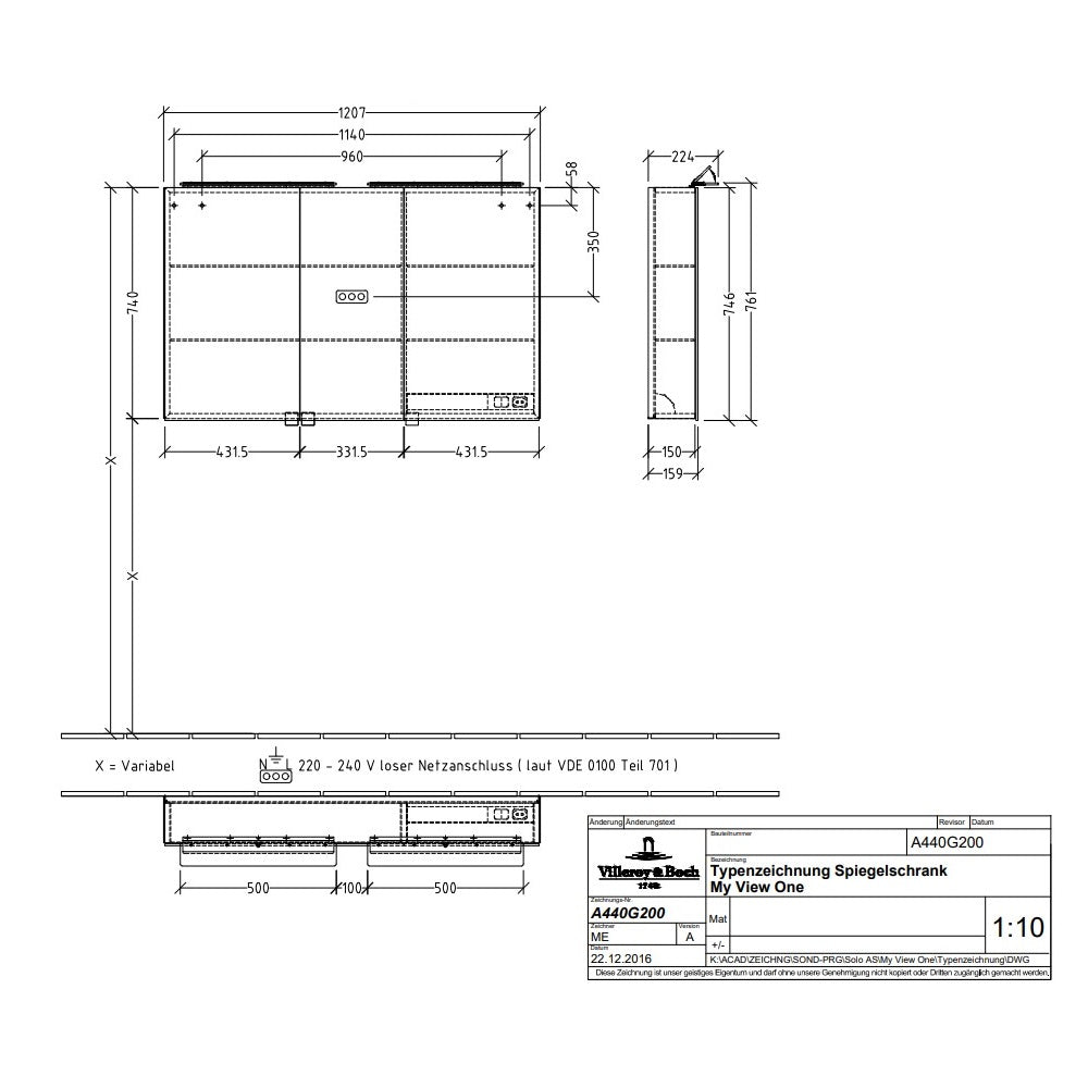 Villeroy & Boch My View One LED 3 Door Mirrored Cabinet - Available in 2 Sizes