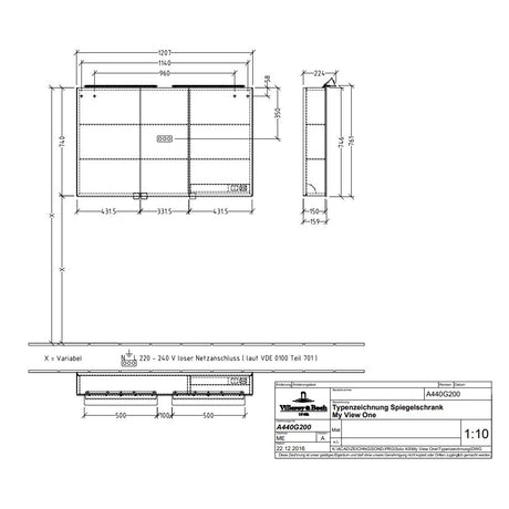 Villeroy & Boch My View One LED 3 Door Mirrored Cabinet - Available in 2 Sizes