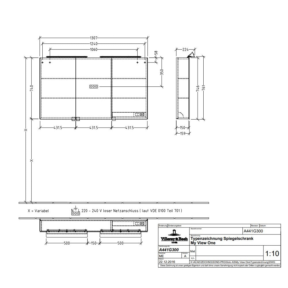 Villeroy & Boch My View One LED 3 Door Mirrored Cabinet - Available in 2 Sizes