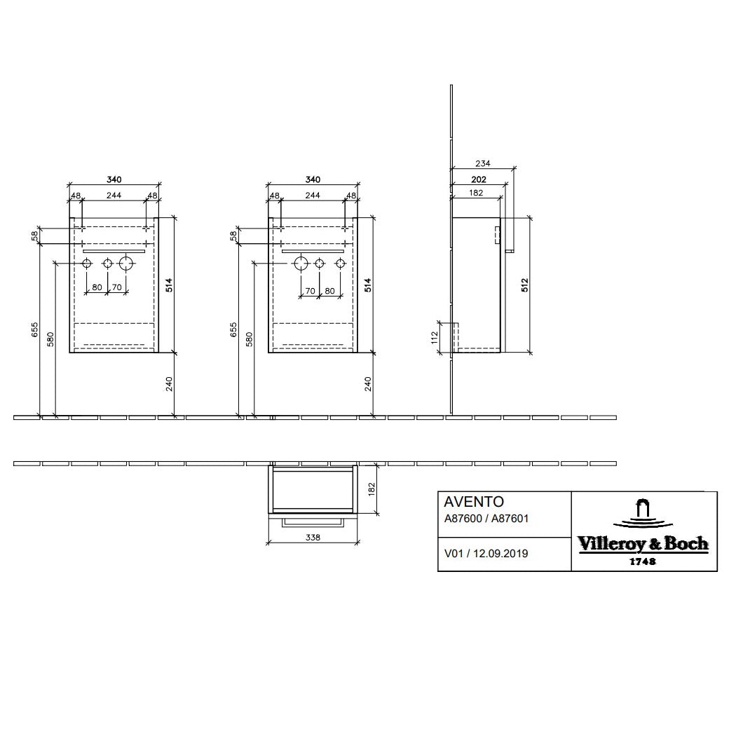 Villeroy & Boch Avento Vanity Unit, 1 Door Right Hand - 340 x 514 x 202 mm