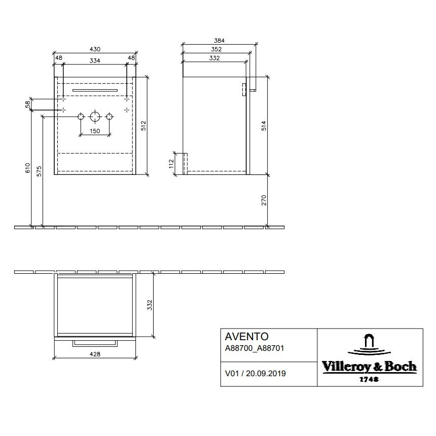 Villeroy & Boch Avento Vanity Unit, 1 Door Right Hand - 430 x 514 x 352 mm