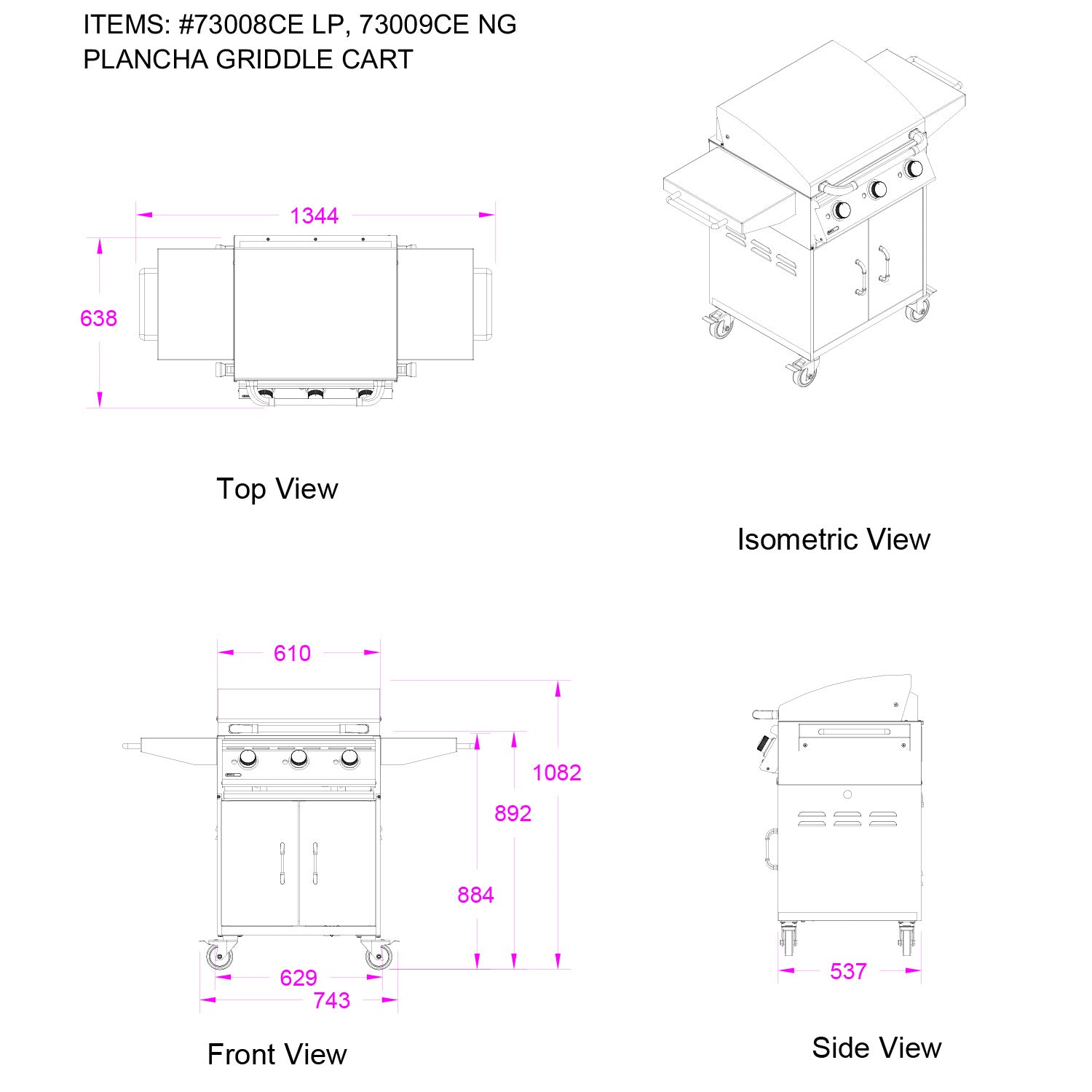 Bull BBQ Plancha Griddle 60cm Gas BBQ Cart - 3 Burners