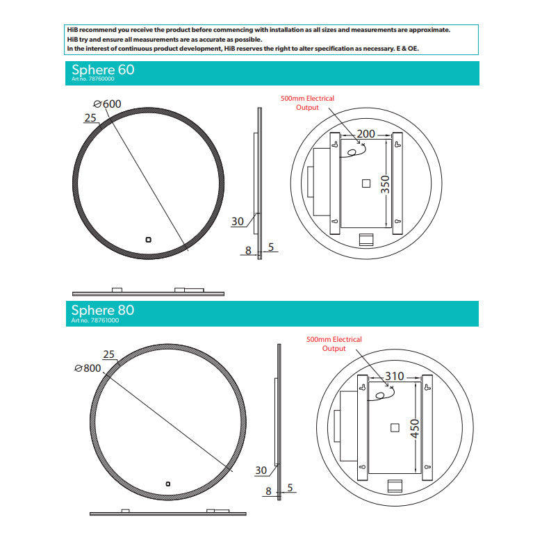HIB Sphere LED Illuminated Ambient Mirror With Heated Pads