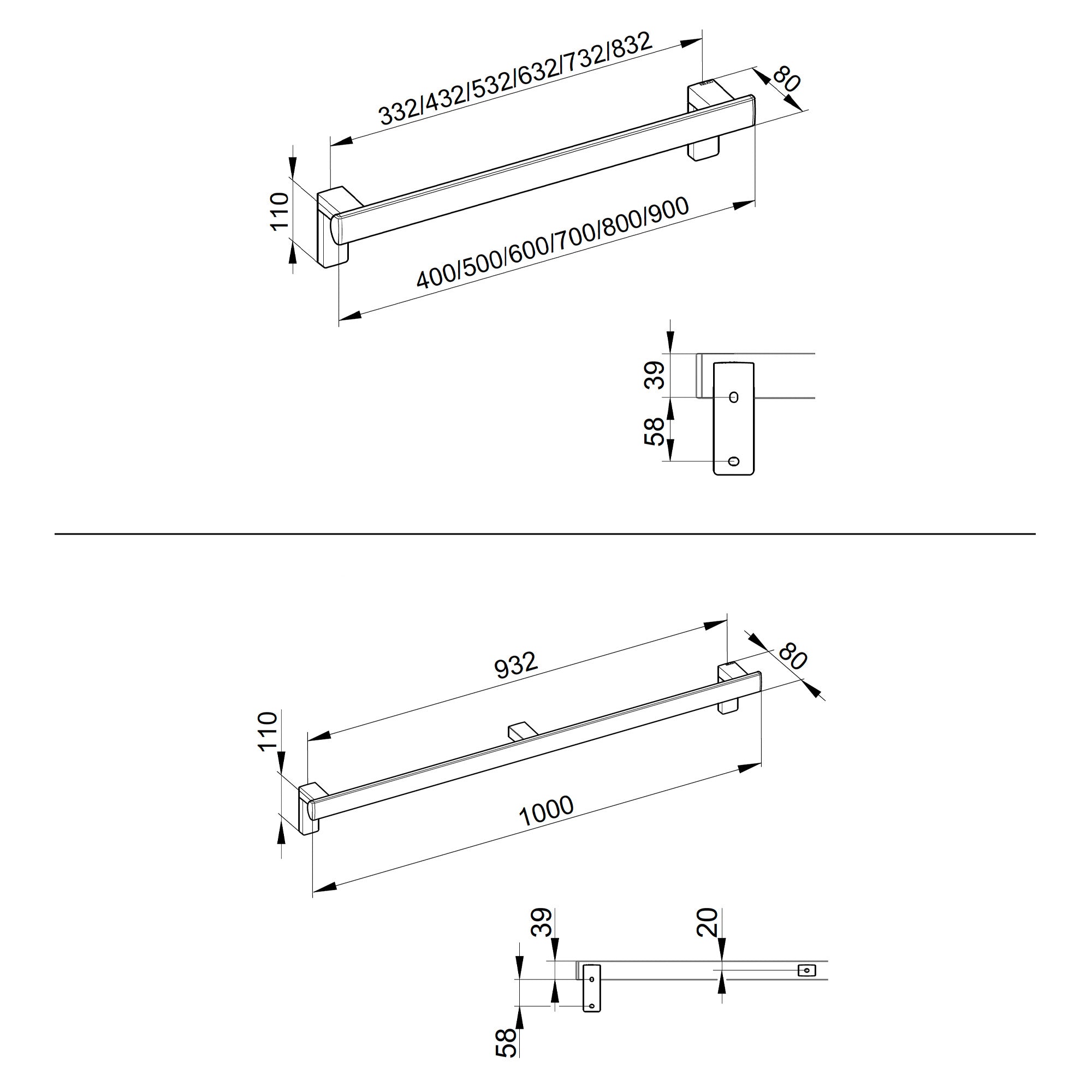 Keuco Axess Grab Bar (Horizontal) in Chrome-Plated - Available in Various Sizes