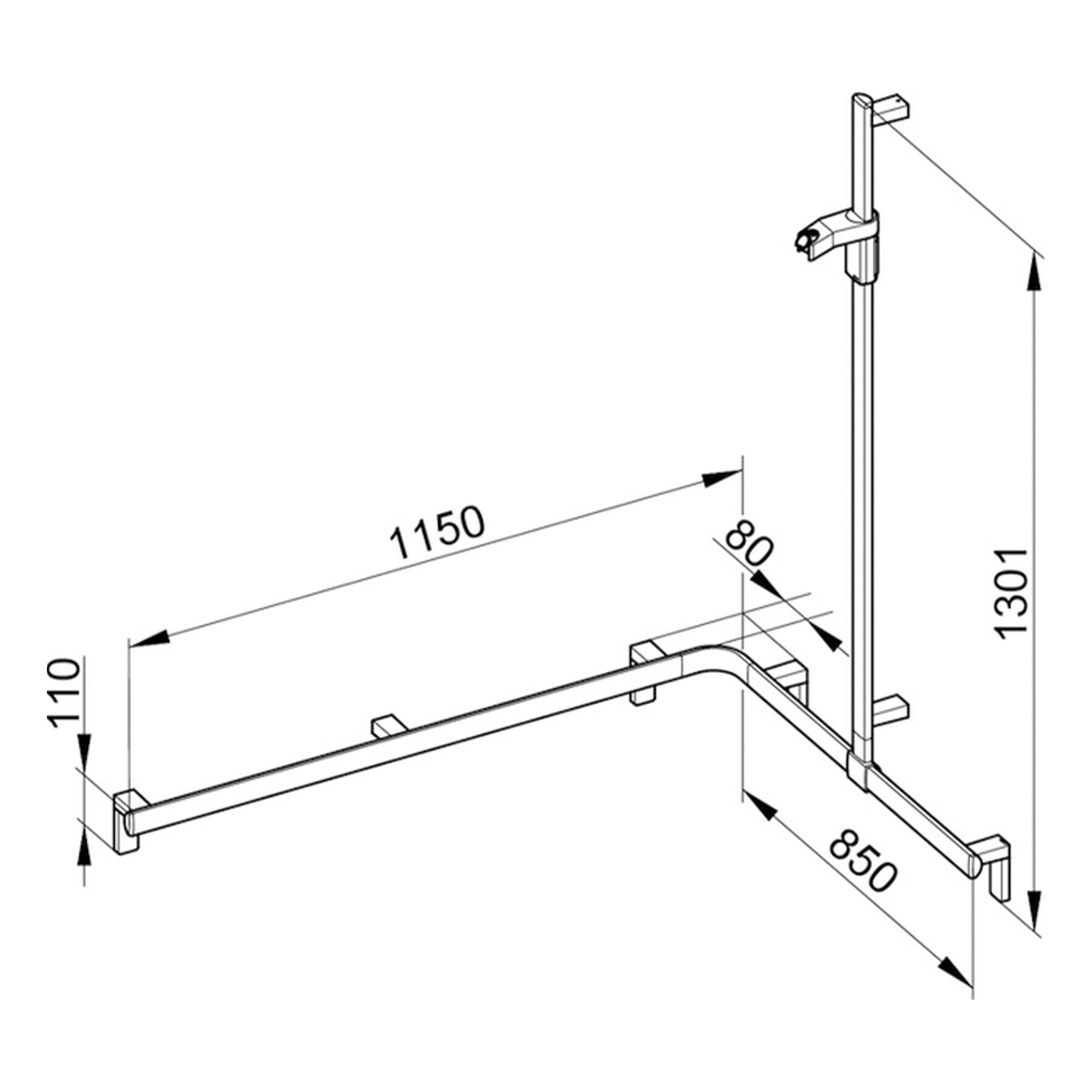Keuco Axess Hand Shower Rail and Grab Bar System Aluminium Silver-Anodised / Chrome Plated - Right Hand - Available  in Various Sizes